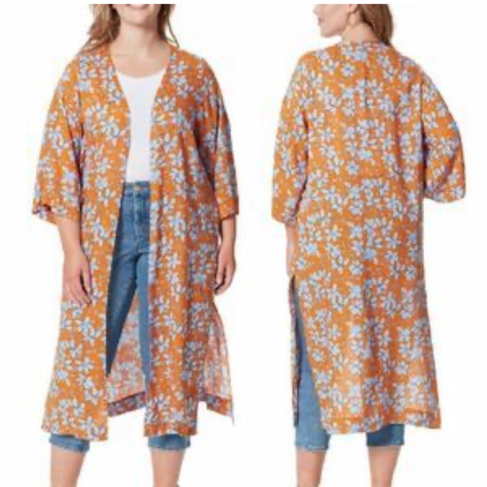 Jessica Simpson Women’s Orange Blue Floral Kimono Boho Duster Cardigan Coverup M